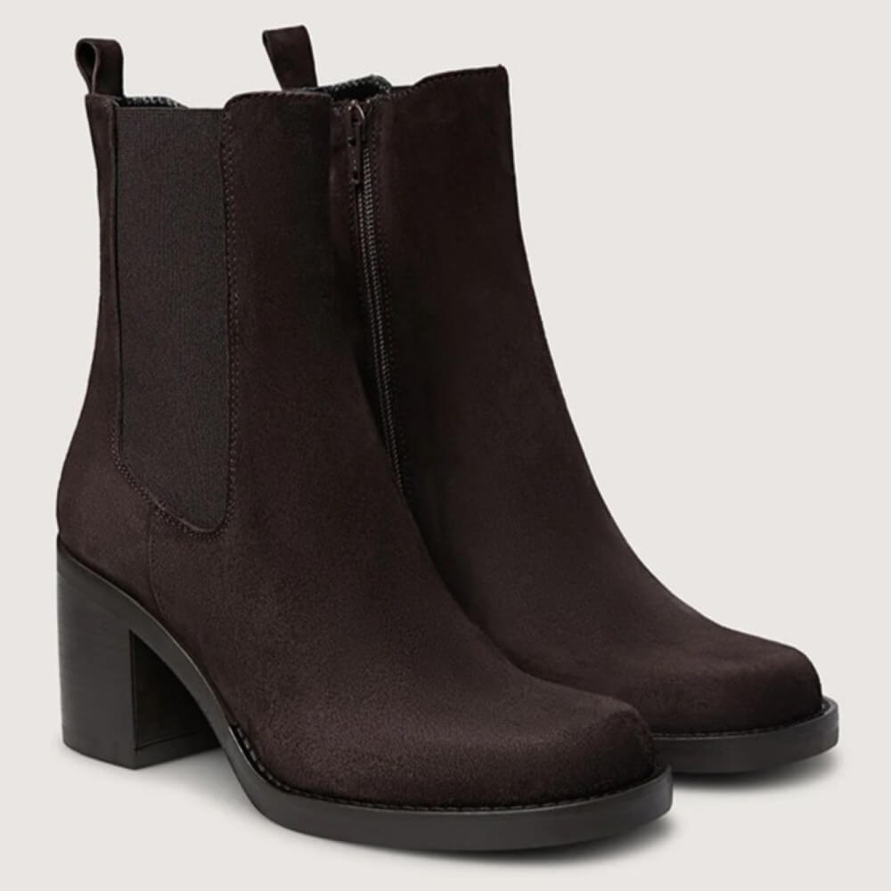 Pair of brown ankle boots on a light gray background