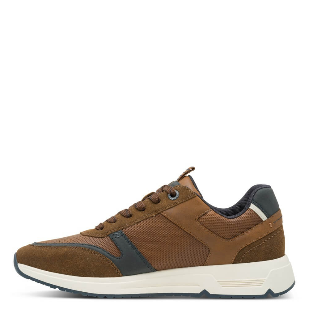 Marco Tozzi Brown sneaker with navy accents on a white background