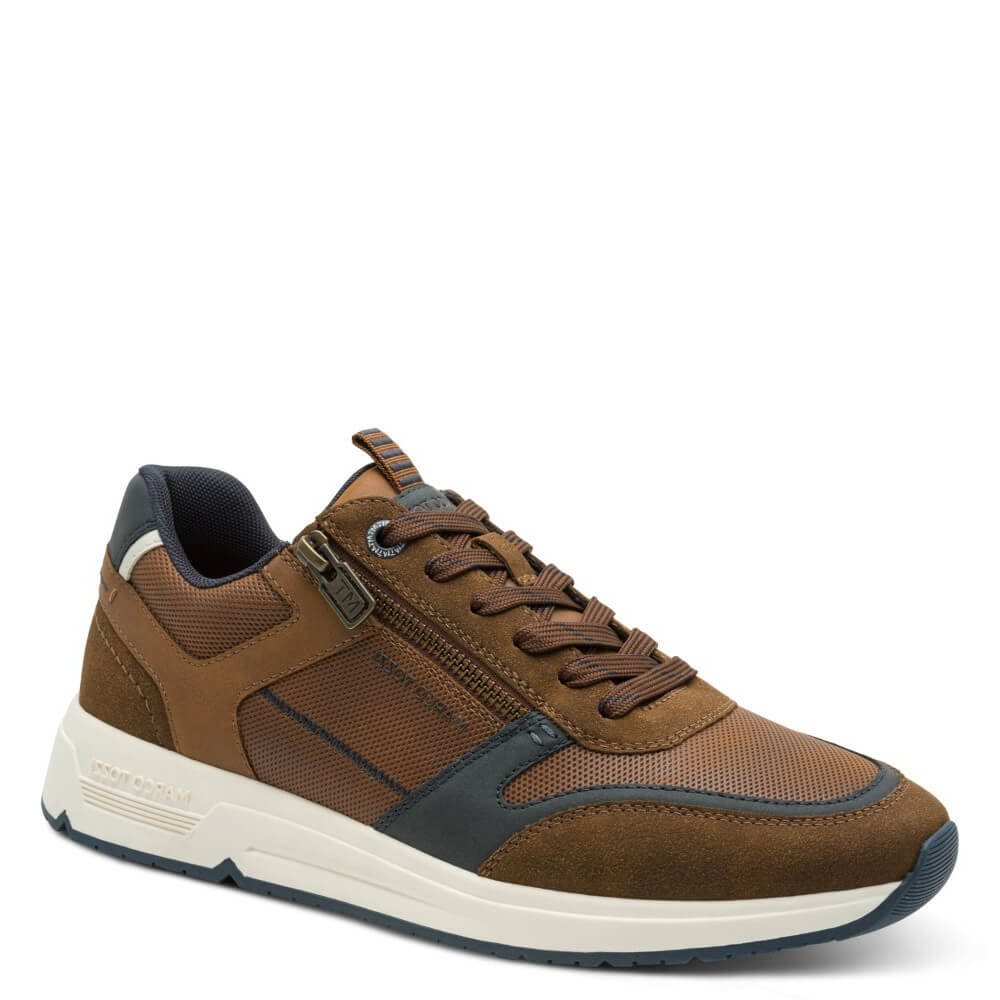 Marco Tozzi Brown sneaker with navy accents on a white background
