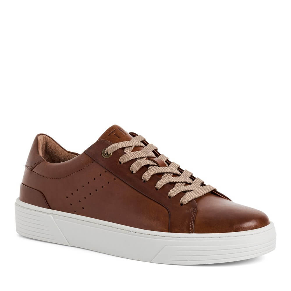 Marco Tozzi Gents Brown leather sneaker with white sole on a white background