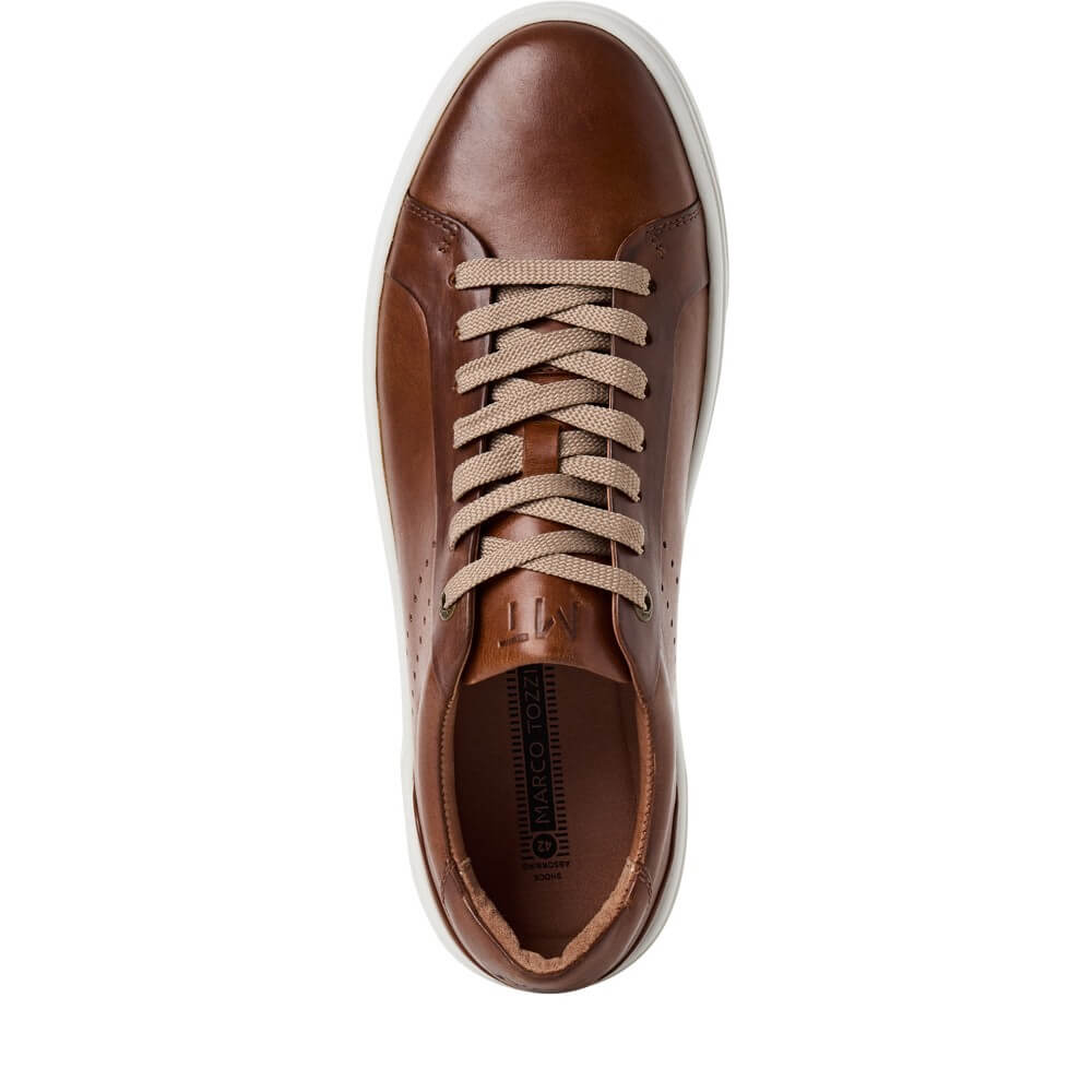 Marco Tozzi Gents Brown leather sneaker with white sole on a white background