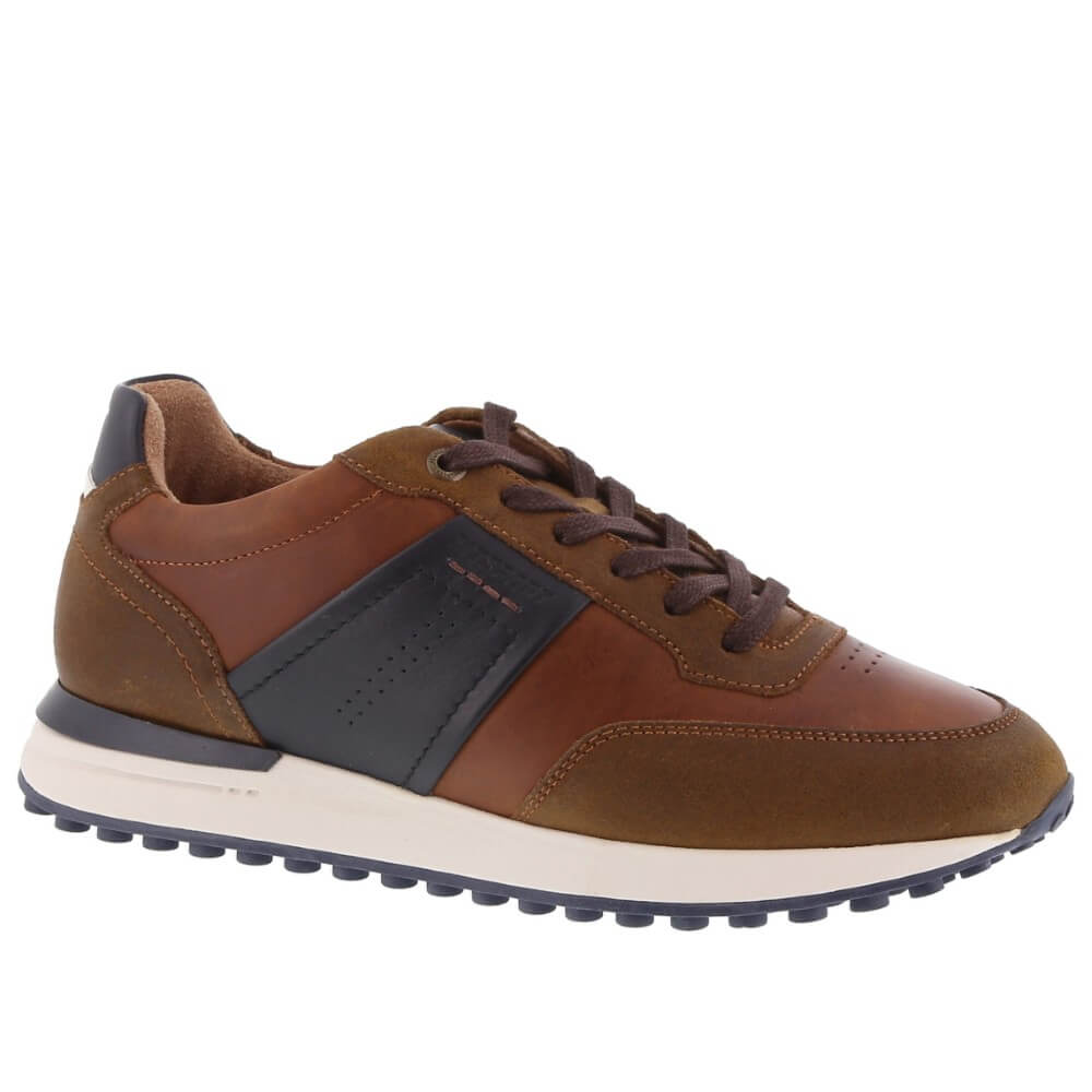 Marco Tozzi Brown leather sneaker with black accent on a white background