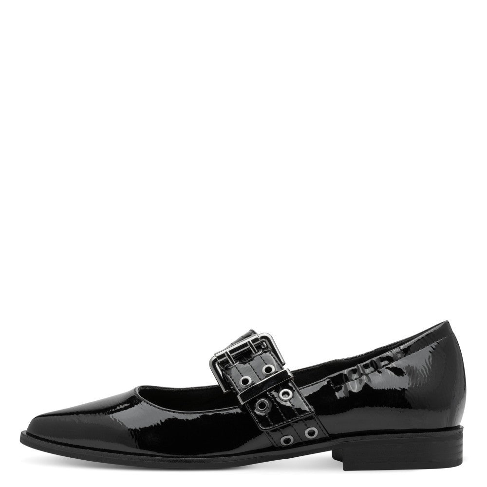 Black patent leather shoe with metallic buckle and '100% Vegan' label on a white background Marco Tozzi 2-22128 Mary Jane Vegan Black