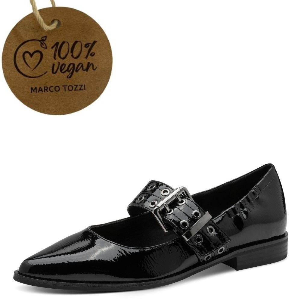 Black patent leather shoe with metallic buckle and '100% Vegan' label on a white background Marco Tozzi 2-22128 Mary Jane Vegan Black