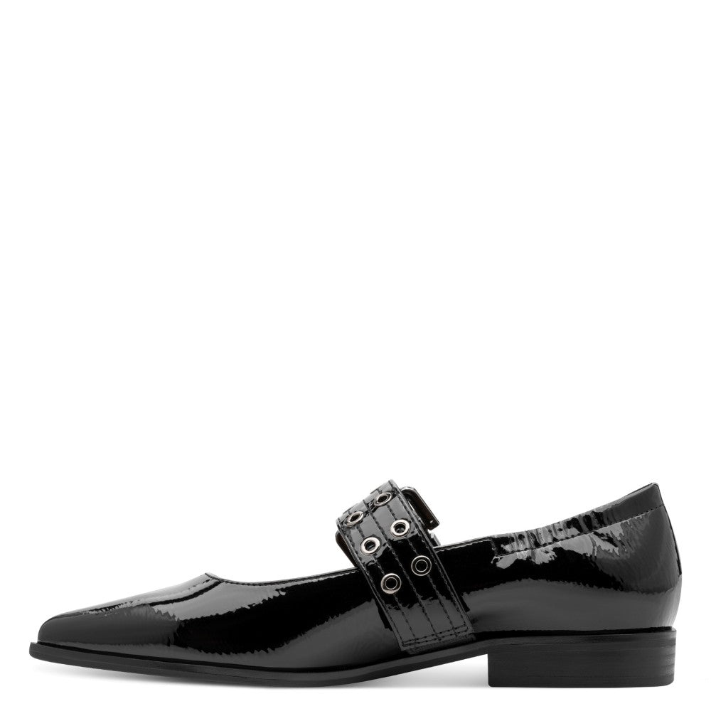 Black patent leather shoe with a strap and 'Marco Tozzi' branding on a white background
