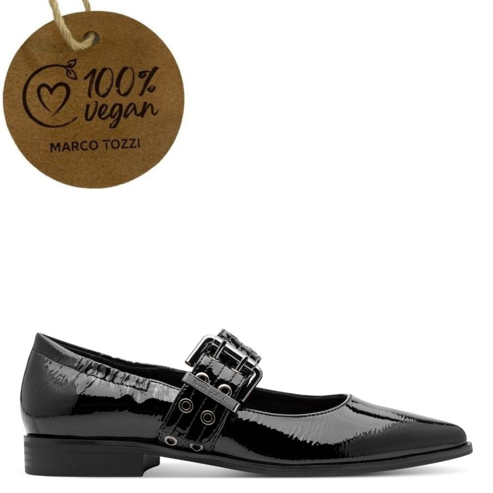 Black patent leather shoe with a brown tag indicating '100% vegan' by Marco Tozzi on a white background.