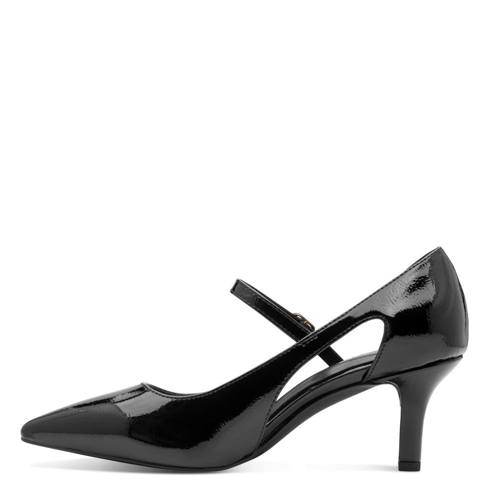 A Marco Tozzi single black patent Vegan leather pump with a pointed toe, kitten heel, and a thin ankle strap with a small gold buckle, shown from a side profile on a white background.