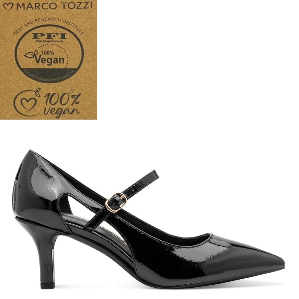 A Marco Tozzi black patent Vegan leather Mary Jane pump with a kitten heel and a small gold buckle, shown on a white background with a '100% Vegan' certification badge from Marco Tozzi in the top-left corner.