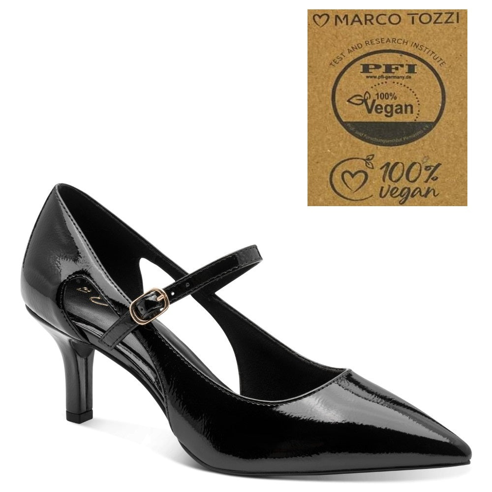 A Marco Tozzi black patent Vegan leather Mary Jane pump with a kitten heel and a small gold buckle, shown on a white background with a '100% Vegan' certification badge from Marco Tozzi in the top-left corner.