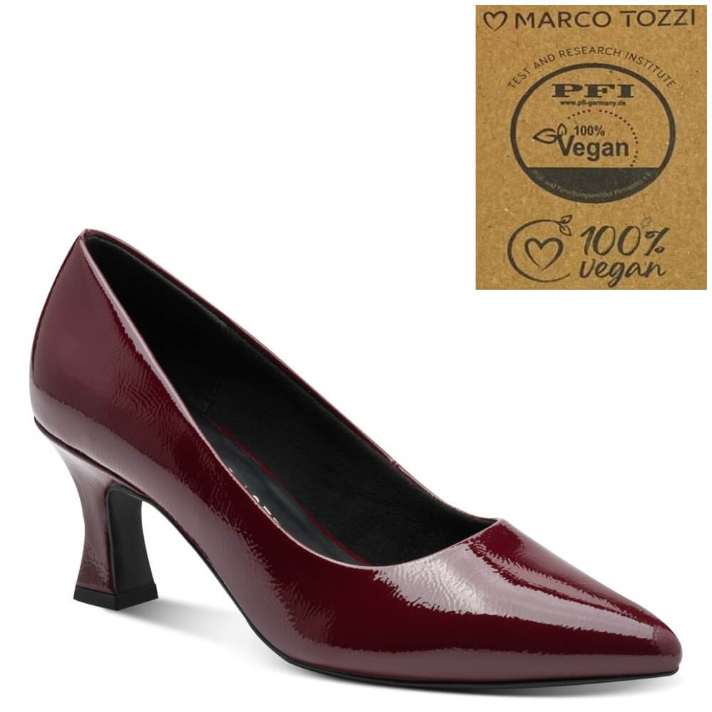 A Marco Tozzi high-heeled pump in glossy deep burgundy patent vegan leather, shown in side profile on a white background.  badge for Marco Tozzi PFI 100% Vegan is displayed in the top corner.