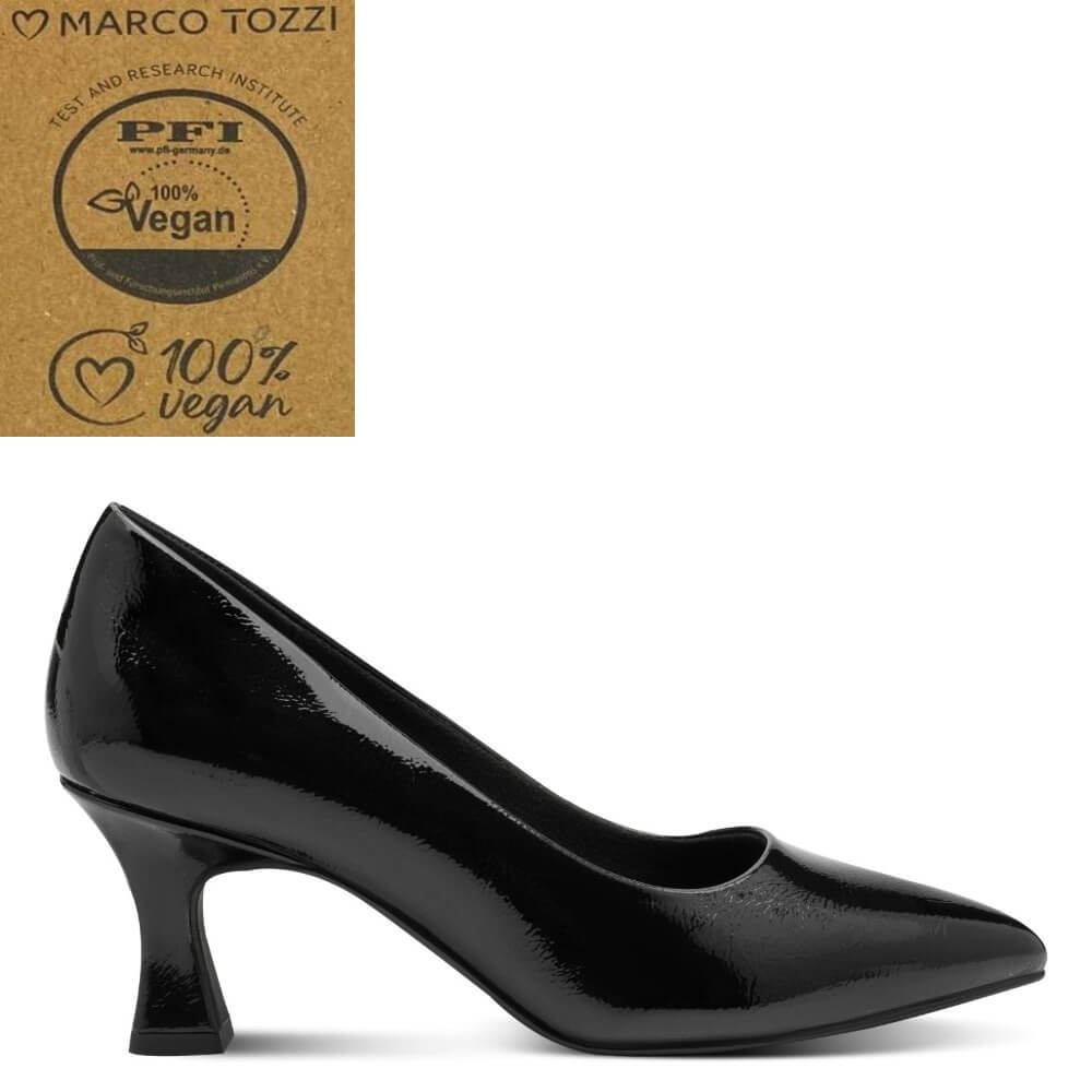 A black patent Vegan leather kitten heel pump by Marco Tozzi, shown in a side profile on a white background with a brown cardboard PFI 100% Vegan certification badge in the top-left corner.