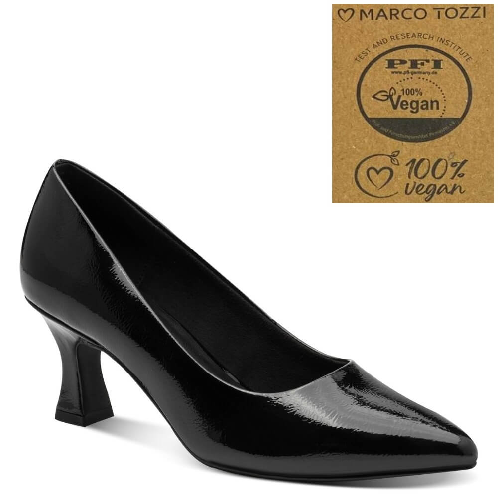 A black patent Vegan leather kitten heel pump by Marco Tozzi, shown in a side profile on a white background with a brown cardboard PFI 100% Vegan certification badge in the top-right