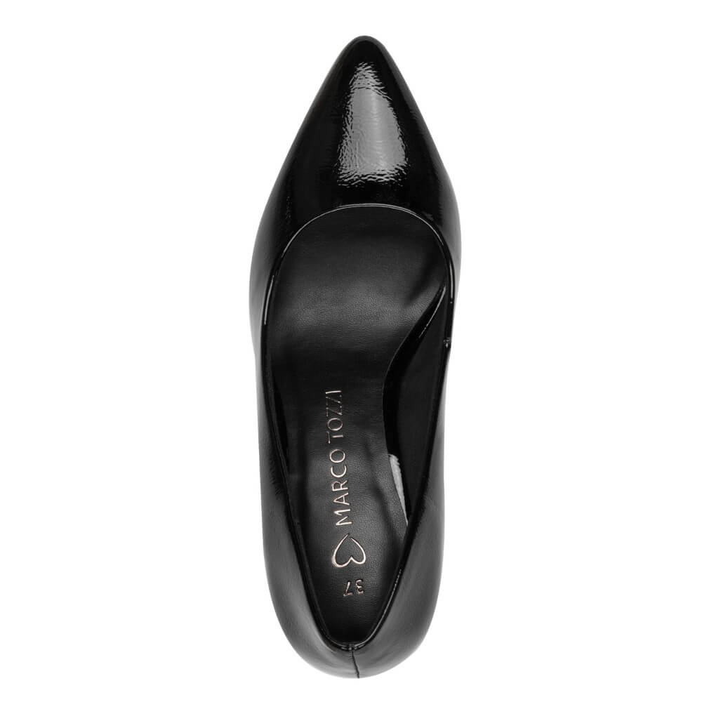 A black patent Vegan leather kitten heel pump by Marco Tozzi, on a white background  