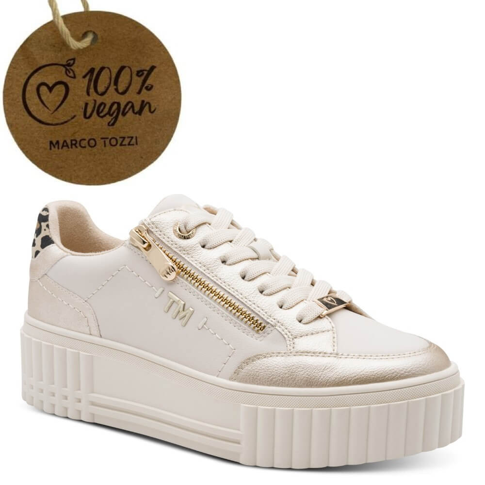 Marco Tozzi White sneaker with gold zipper and '100% Vegan' label on a white background