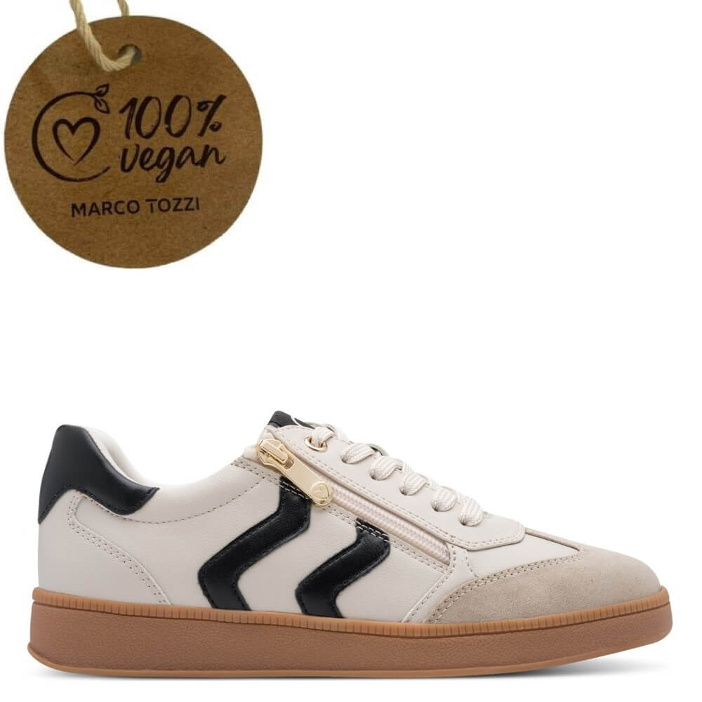 Marco Tozzi Ivory sneaker with black accents and brown sole, accompanied by a '100% Vegan' label.