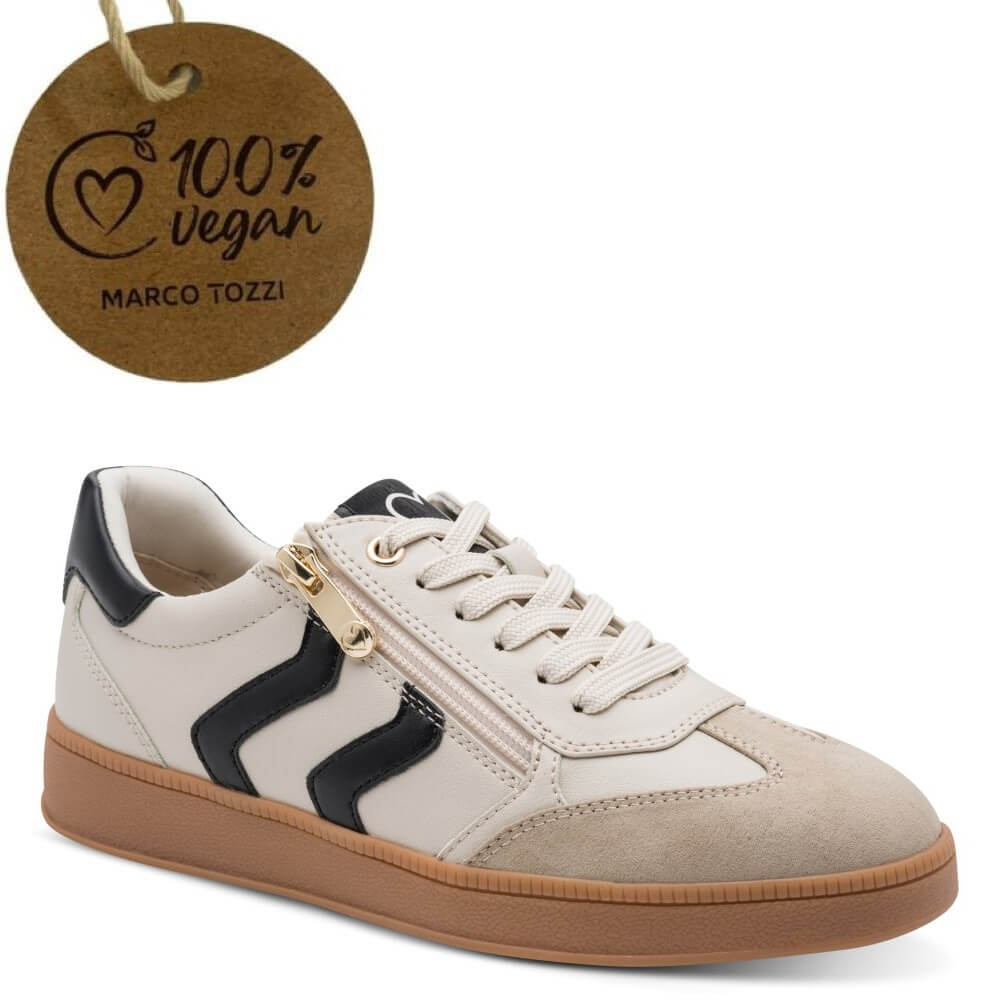  Marco Tozzi Ivory sneaker with black accents and brown sole, accompanied by a '100% Vegan' label.