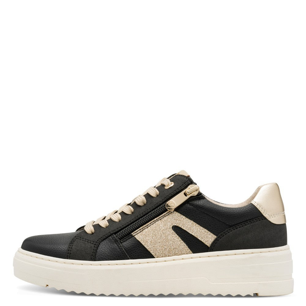 Black and beige sneaker with a '100% Vegan' label on a white background Marco Tozzi 2-23750 Vegan Sneaker Black