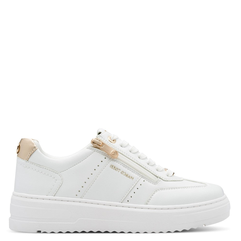 Marco Tozzi White Laced trainer with a gold zip