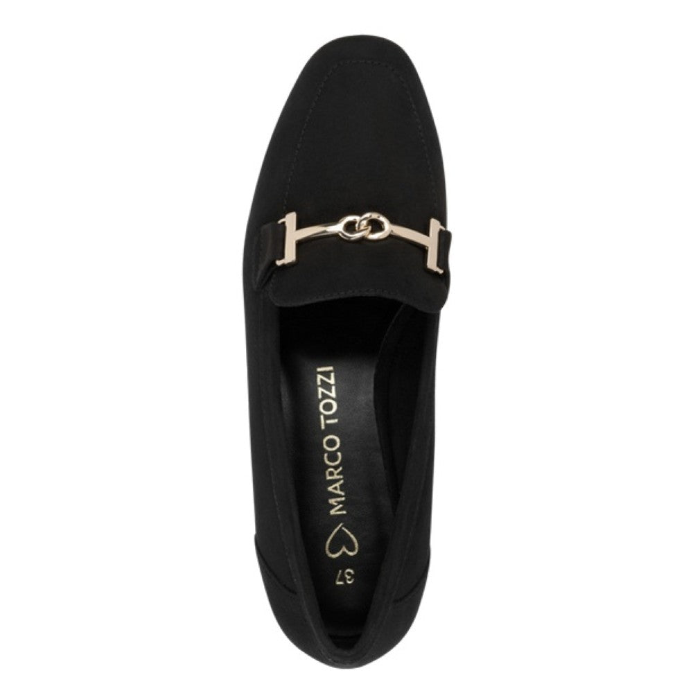 A black suede loafer with a gold-tone horsebit detail on the vamp, shown from a top-down view on a white background. The insole displays the brand name 'MARCO TOZZI'.