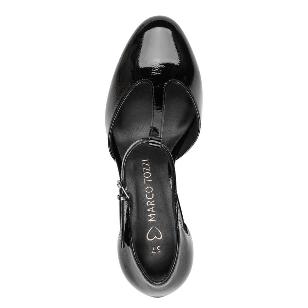 Black patent vegan shoe with 'Marco Tozzi' branding on a white background