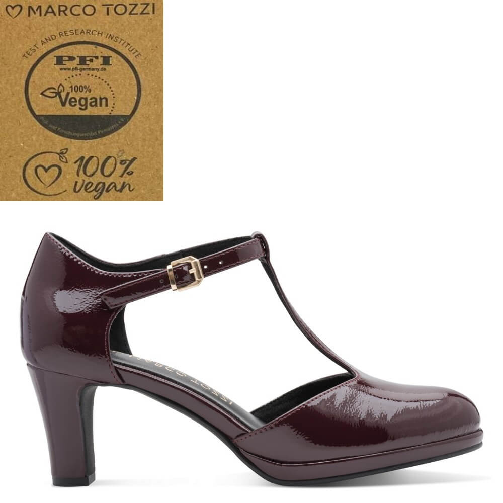 Marco Tozzi Bordeaux Patent Vegan T-Bar Court Shoe on a white background