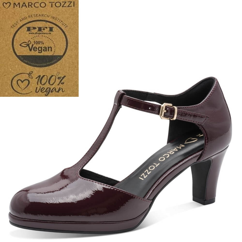 Marco Tozzi Bordeaux Patent Vegan T-Bar Court Shoe on a white background