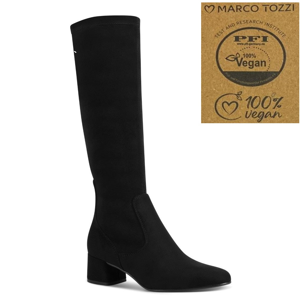 A black knee-high boot with a block heel, shown in profile on a white background. In the top right corner, there is a square graphic featuring the Marco Tozzi logo and a '100% Vegan' certification seal.