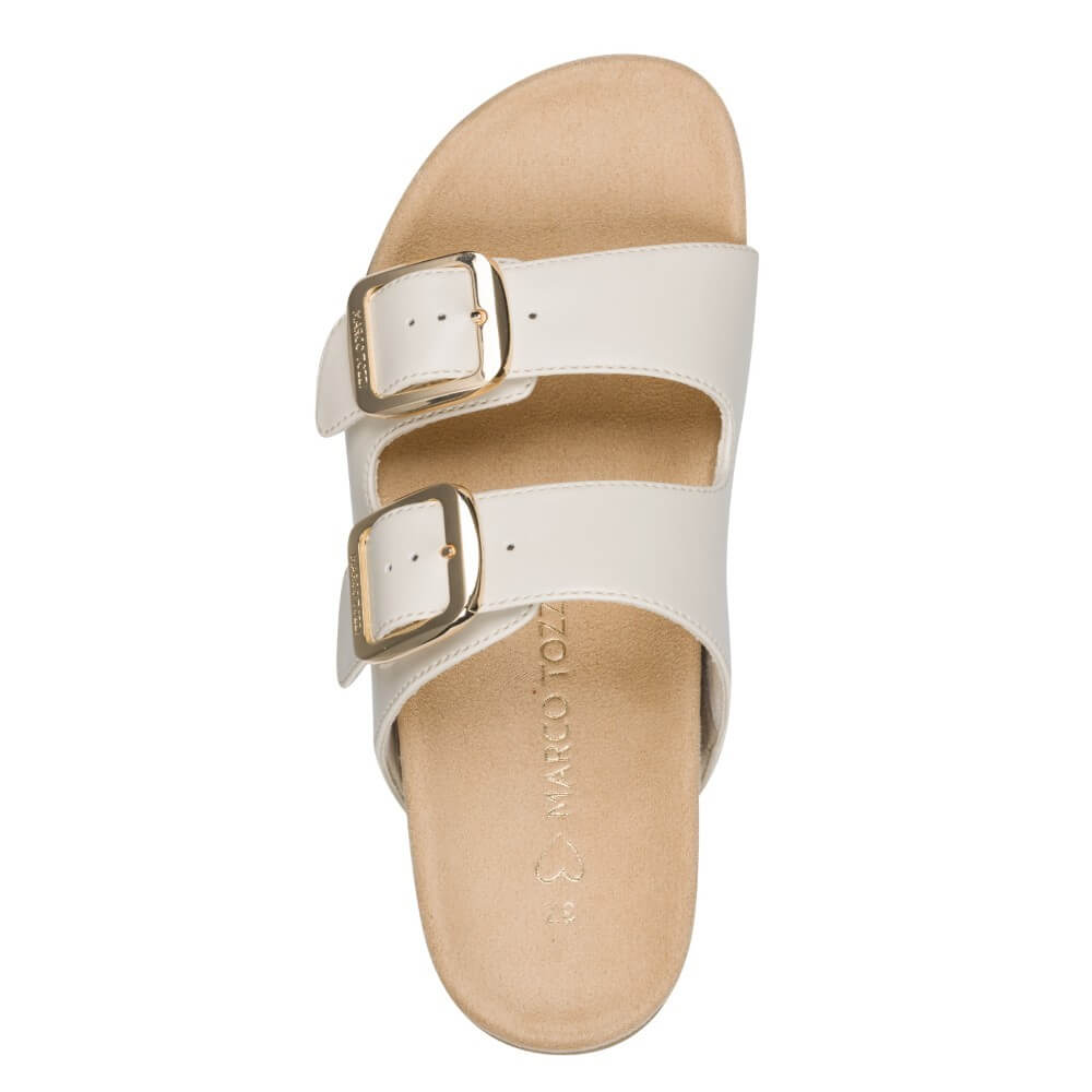 Marco Tozzi cream White sandal with gold buckles on a white background