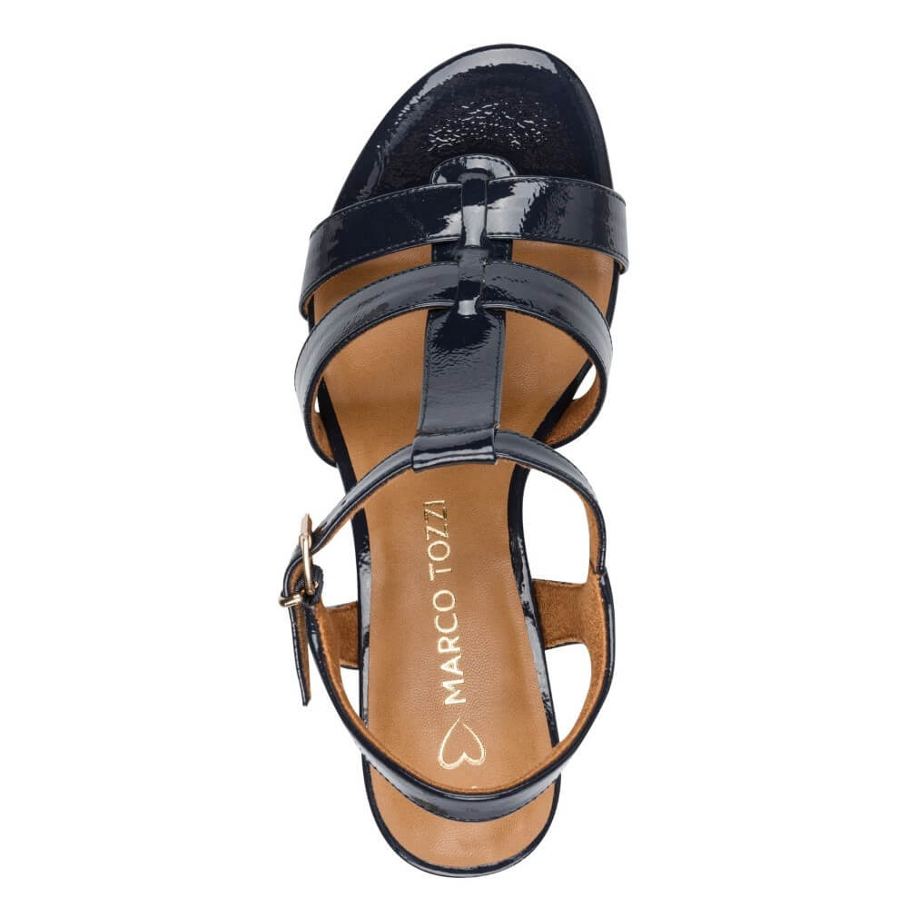 Marco Tozzi Navy patent leather sandal with a block heel and gold buckle