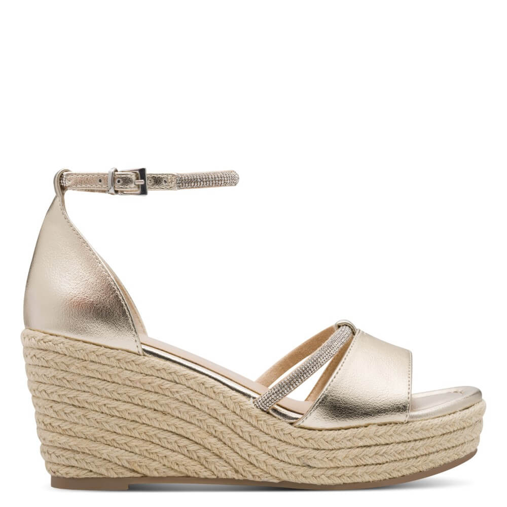 Marco Tozzi Gold wedge sandal with espadrille sole on a white background