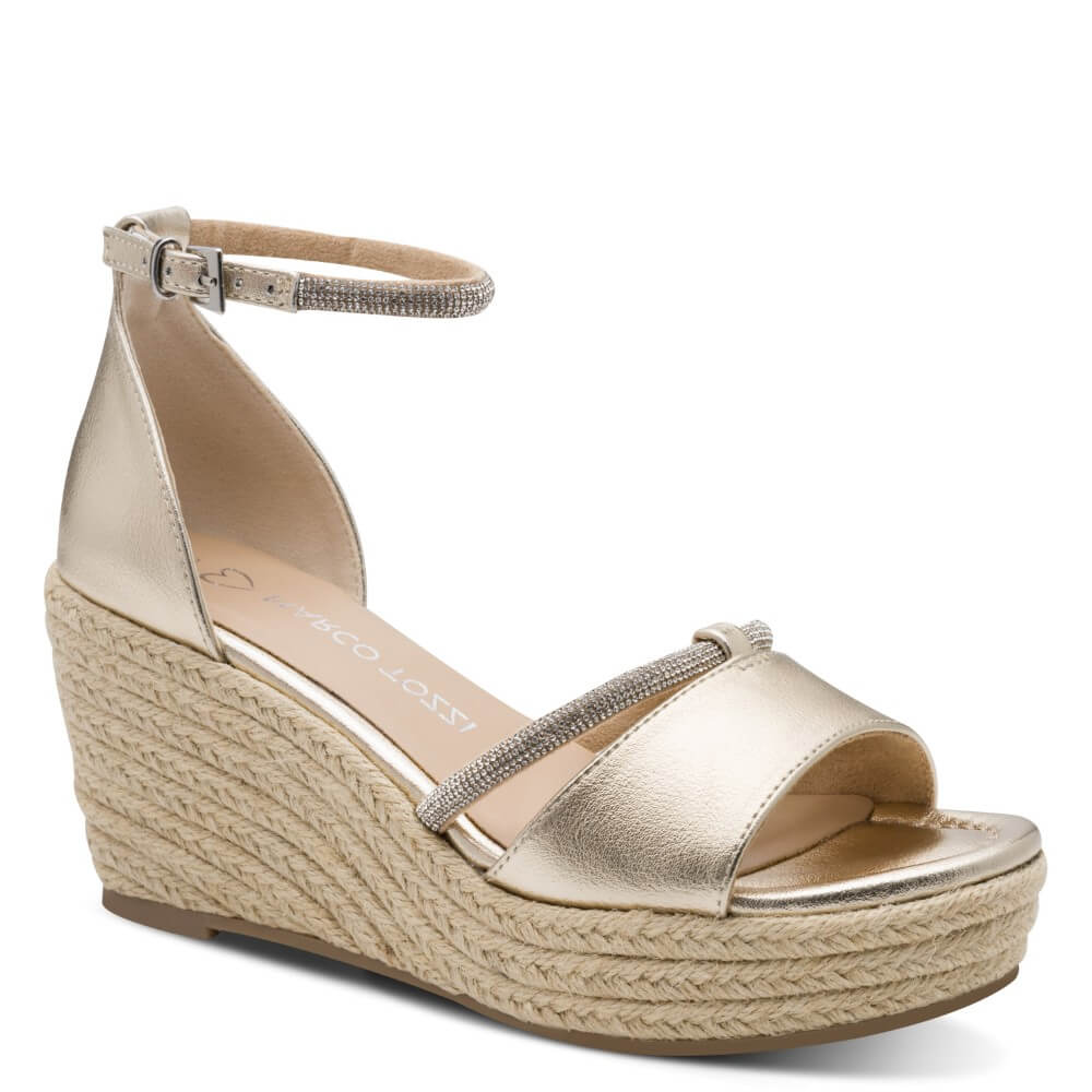 Marco Tozzi Gold wedge sandal with espadrille sole on a white background