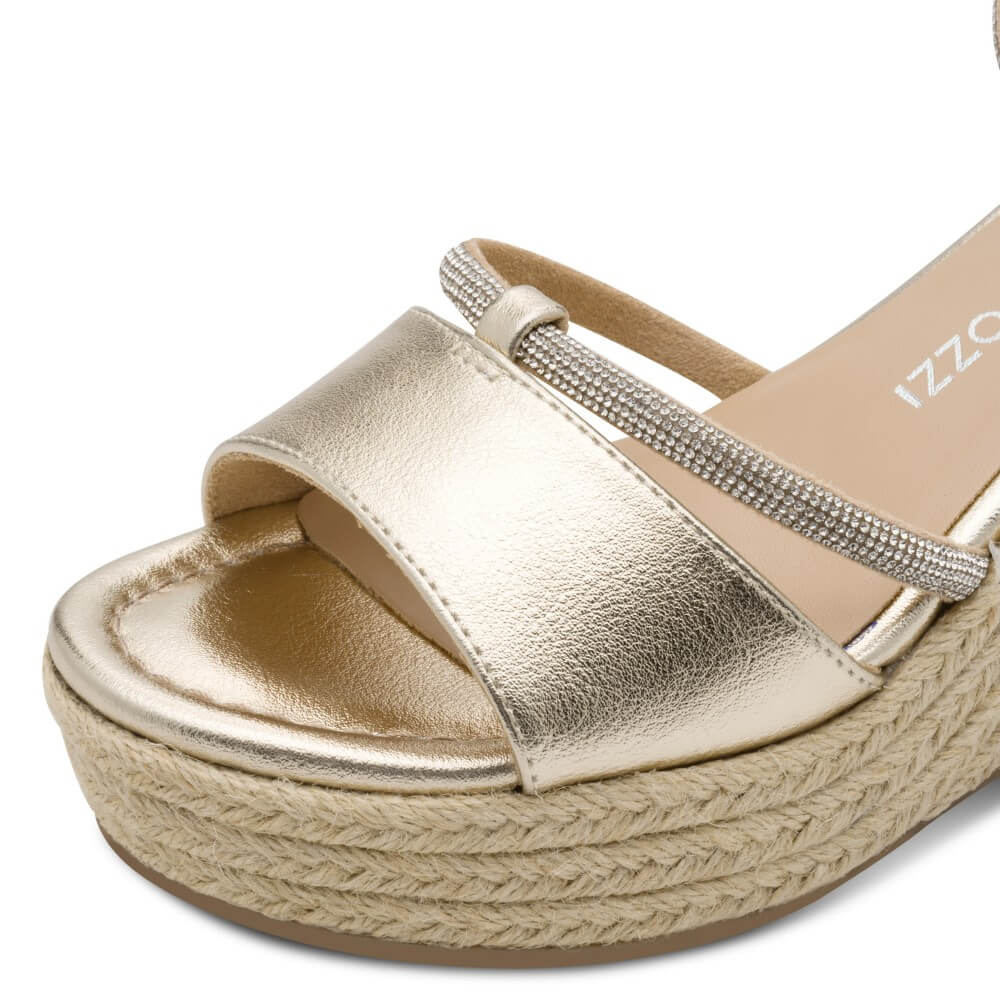 Marco Tozzi Gold wedge sandal with espadrille sole on a white background