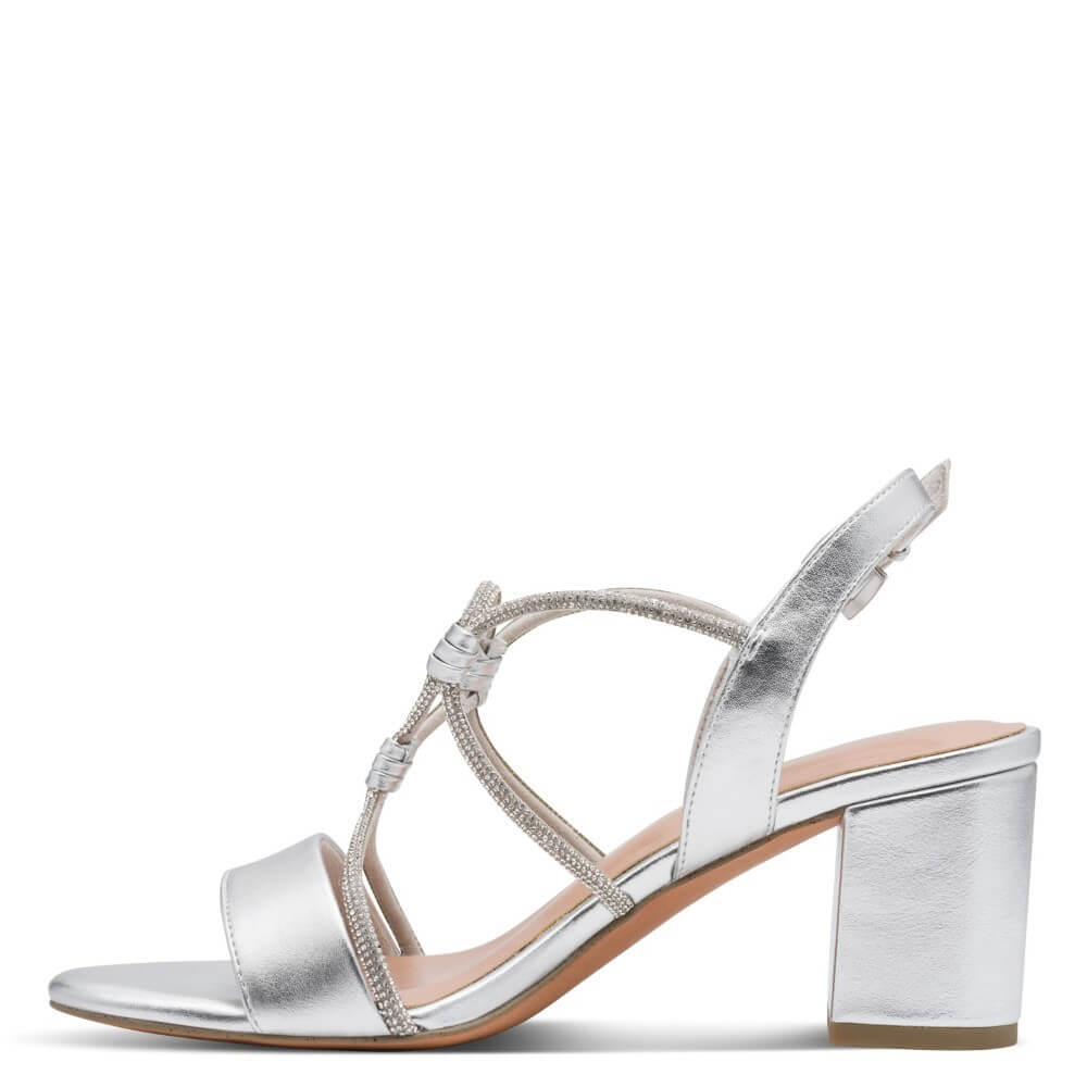 Marco Tozzi Silver strappy sandal with a block heel on a white background
