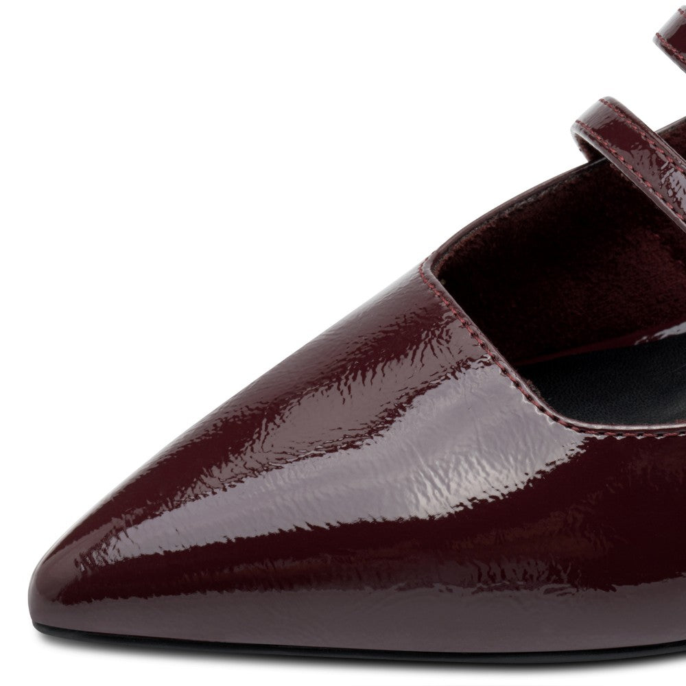 Close-up of a glossy burgundy shoe with a pointed toe on a white background