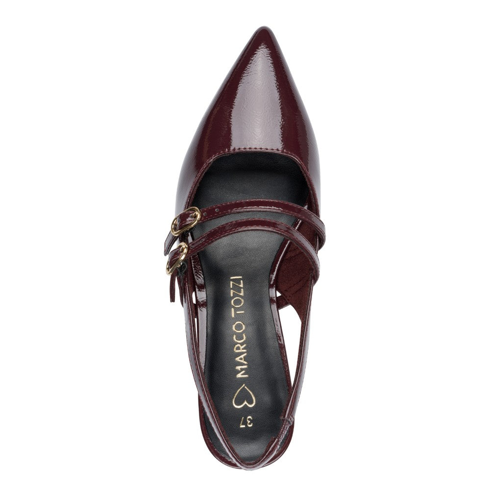 Maroon high-heeled shoe with a strap on a white background