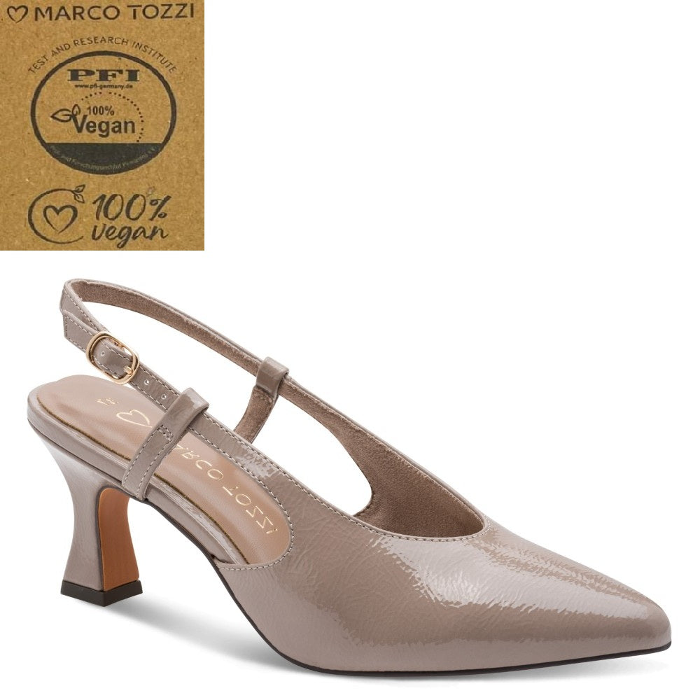 A taupe patent leather slingback high heel shoe by Marco Tozzi, shown from a three-quarters angle on a white background. An inset in the top-left corner displays a brown cardboard badge with 'Marco Tozzi', 'PFI', and '100% Vegan' text.