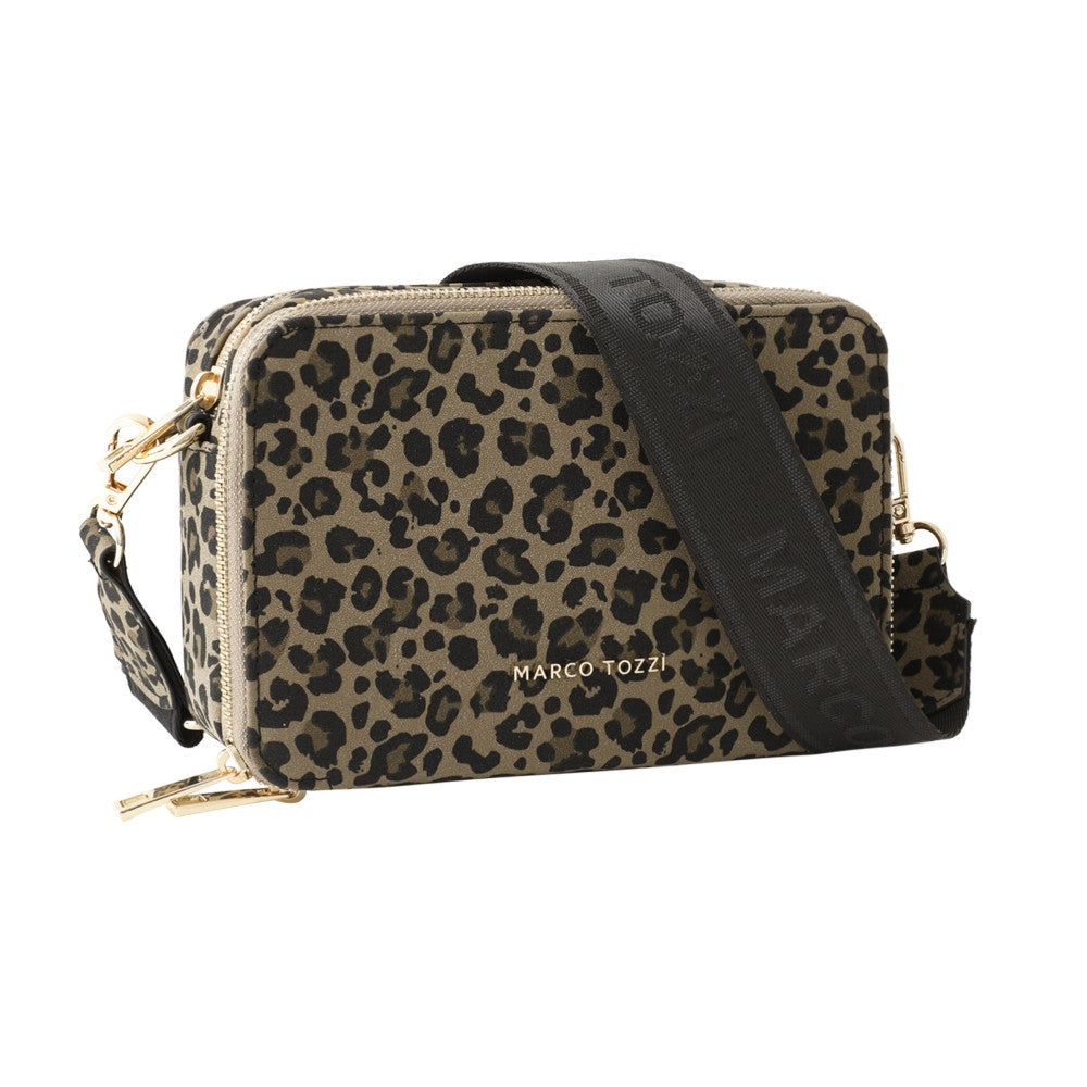 Marco Tozzi Leopard print handbag with black strap on a white background