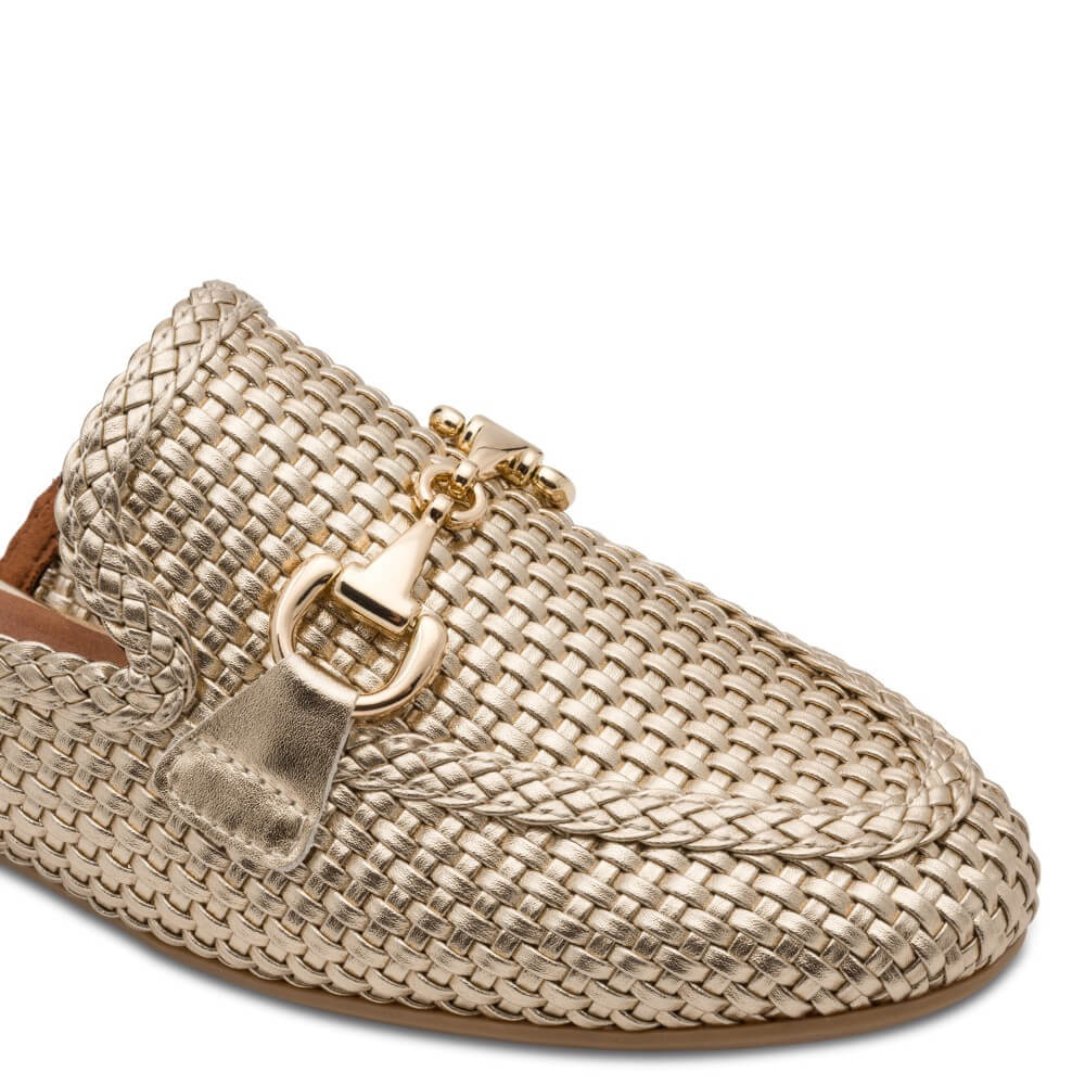 marco tozzi gold Beige woven slipper with gold buckle and '100% Vegan' label on a white background 2-87300