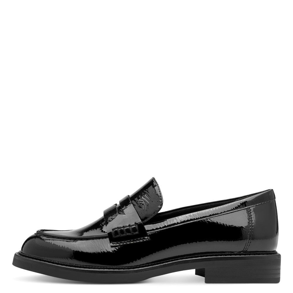Black patent leather loafer with a '100% Vegan' label by Marco Tozzi on a white background Marco Tozzi Patent Vegan Loafer 2-24308