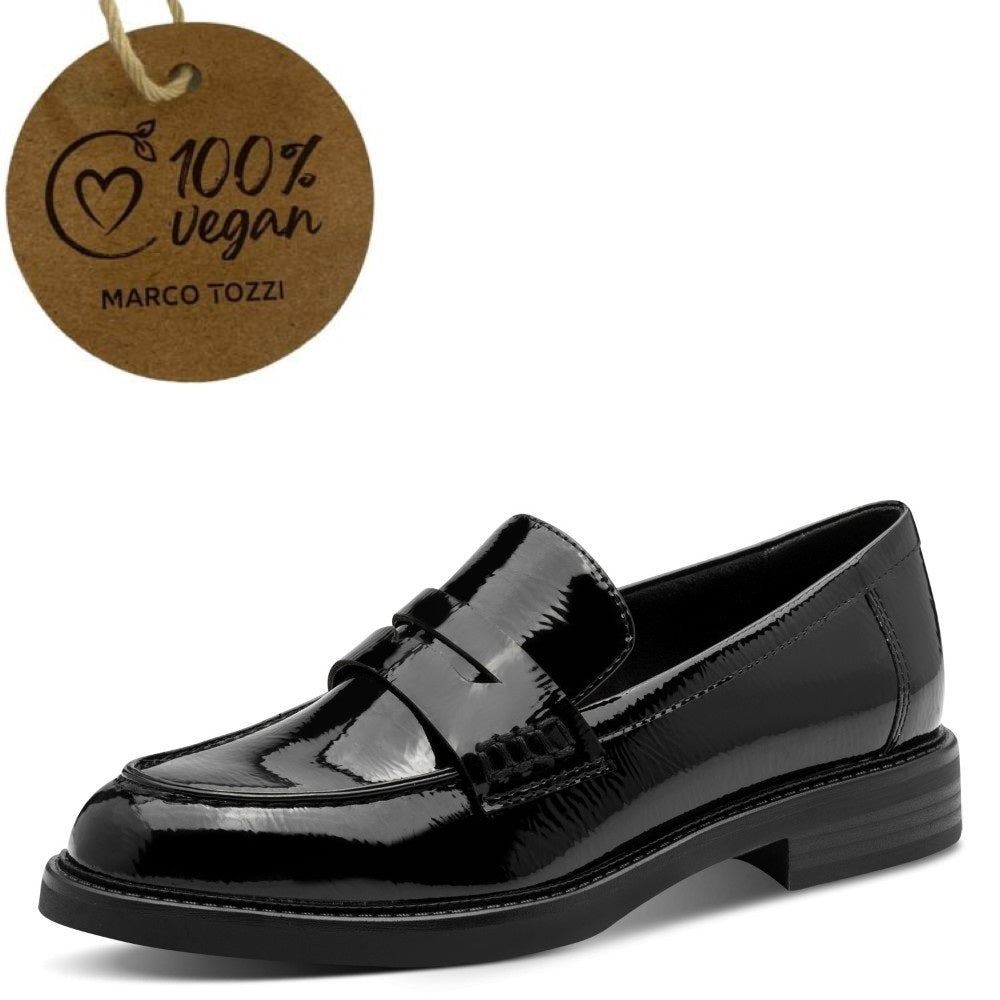 Black patent leather loafer with a '100% Vegan' label by Marco Tozzi on a white background Marco Tozzi Patent Vegan Loafer 2-24308