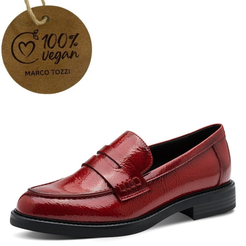 Red loafer shoe with a '100% Vegan' label by Marco Tozzi on a white background Marco Tozzi Patent Vegan Loafer 2-24308
