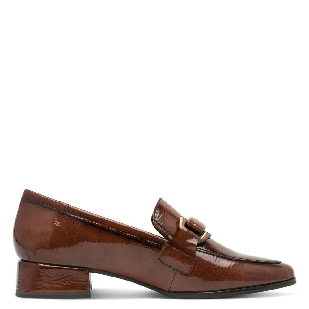 Brown patent loafer shoe with a '100% Vegan' label on a white background Marco Tozzi 24250 Vegan Loafer