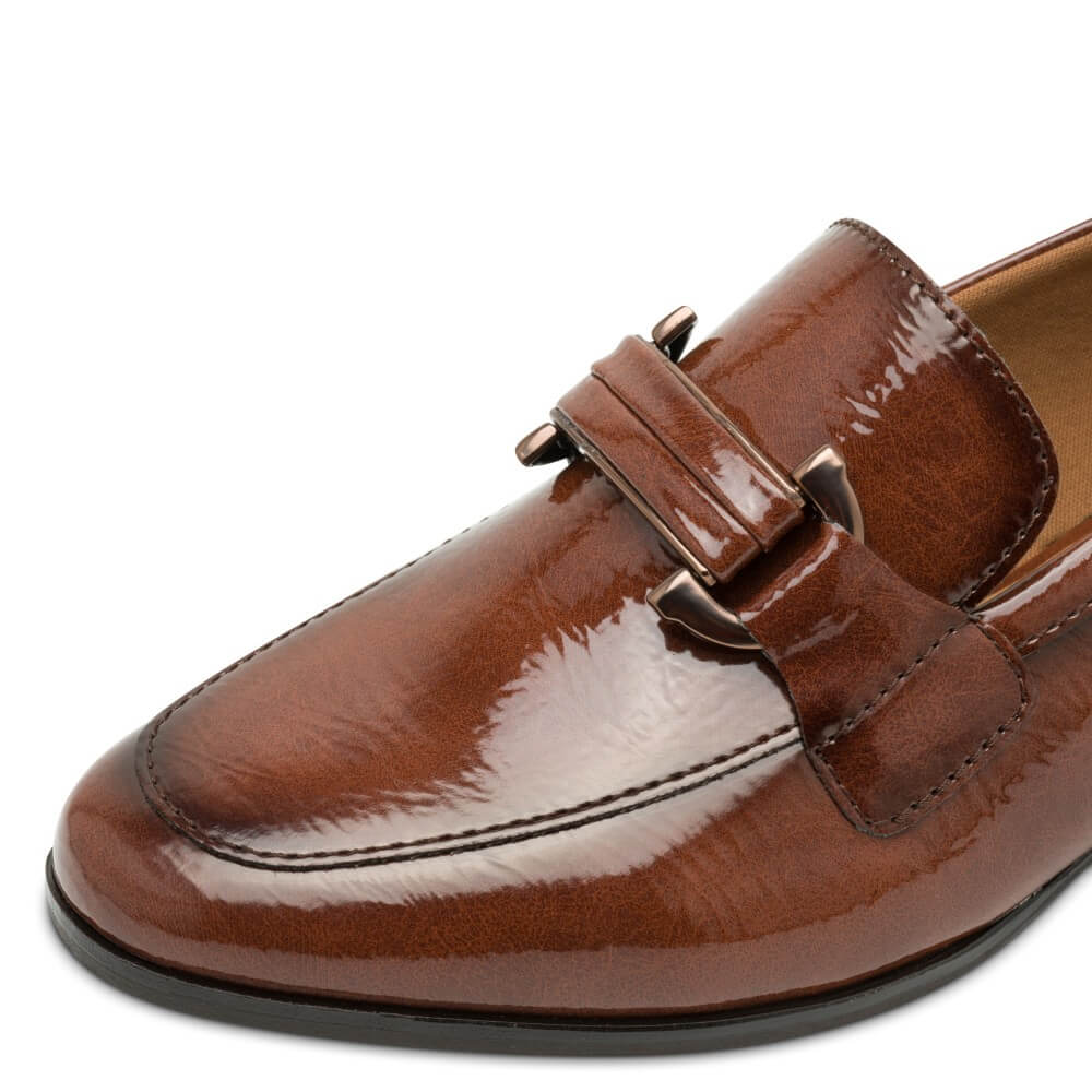 Brown patent loafer shoe with a '100% Vegan' label on a white background Marco Tozzi 24250 Vegan Loafer