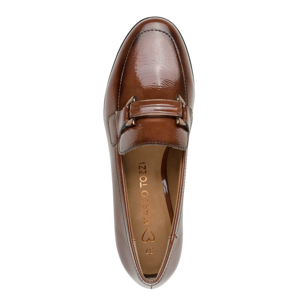 Brown patent loafer shoe with a '100% Vegan' label on a white background Marco Tozzi 24250 Vegan Loafer