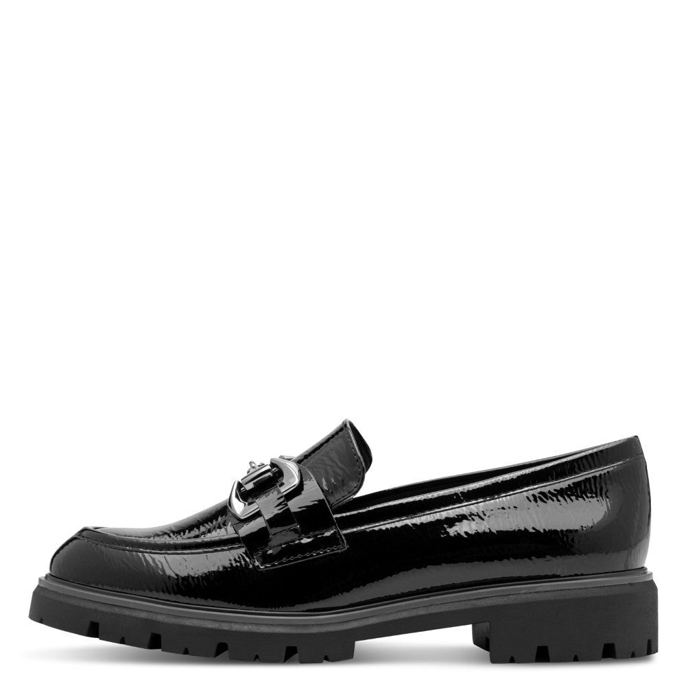 Black patent Vegan loafer with a '100% Vegan' label by Marco Tozzi on a white background Marco Tozzi Vegan Loafer 2-24700