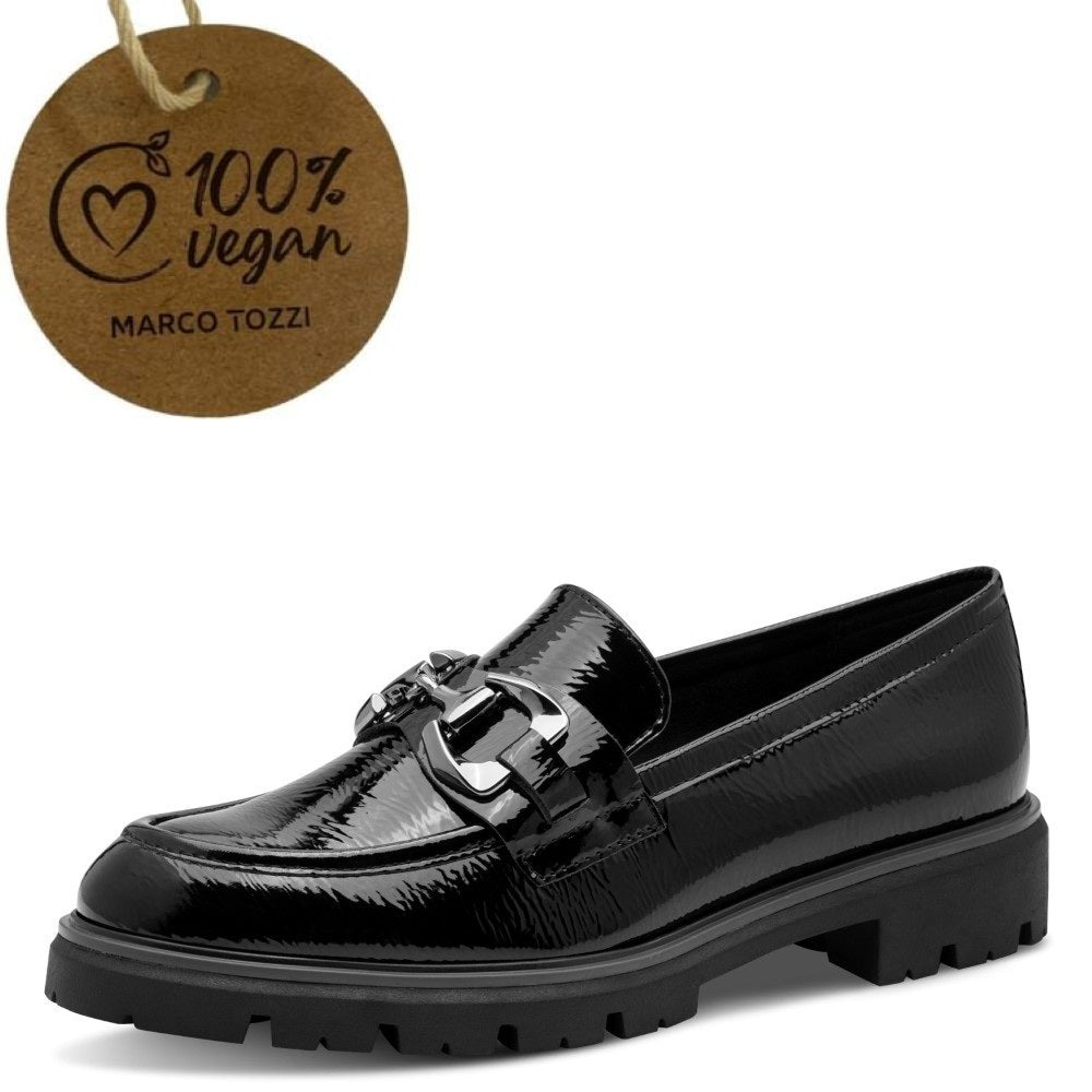 Black patent Vegan loafer with a '100% Vegan' label by Marco Tozzi on a white background Marco Tozzi Vegan Loafer 2-24700