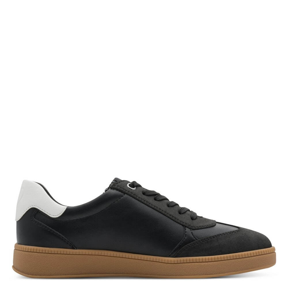 Black and white sneaker with brown sole and '100% Vegan' label on a white background Marco Tozzi Vegan Sneakers 2-23739-BLACK