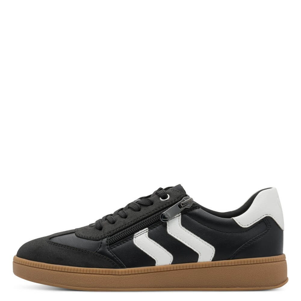 Black and white sneaker with brown sole and '100% Vegan' label on a white background Marco Tozzi Vegan Sneakers 2-23739-BLACK