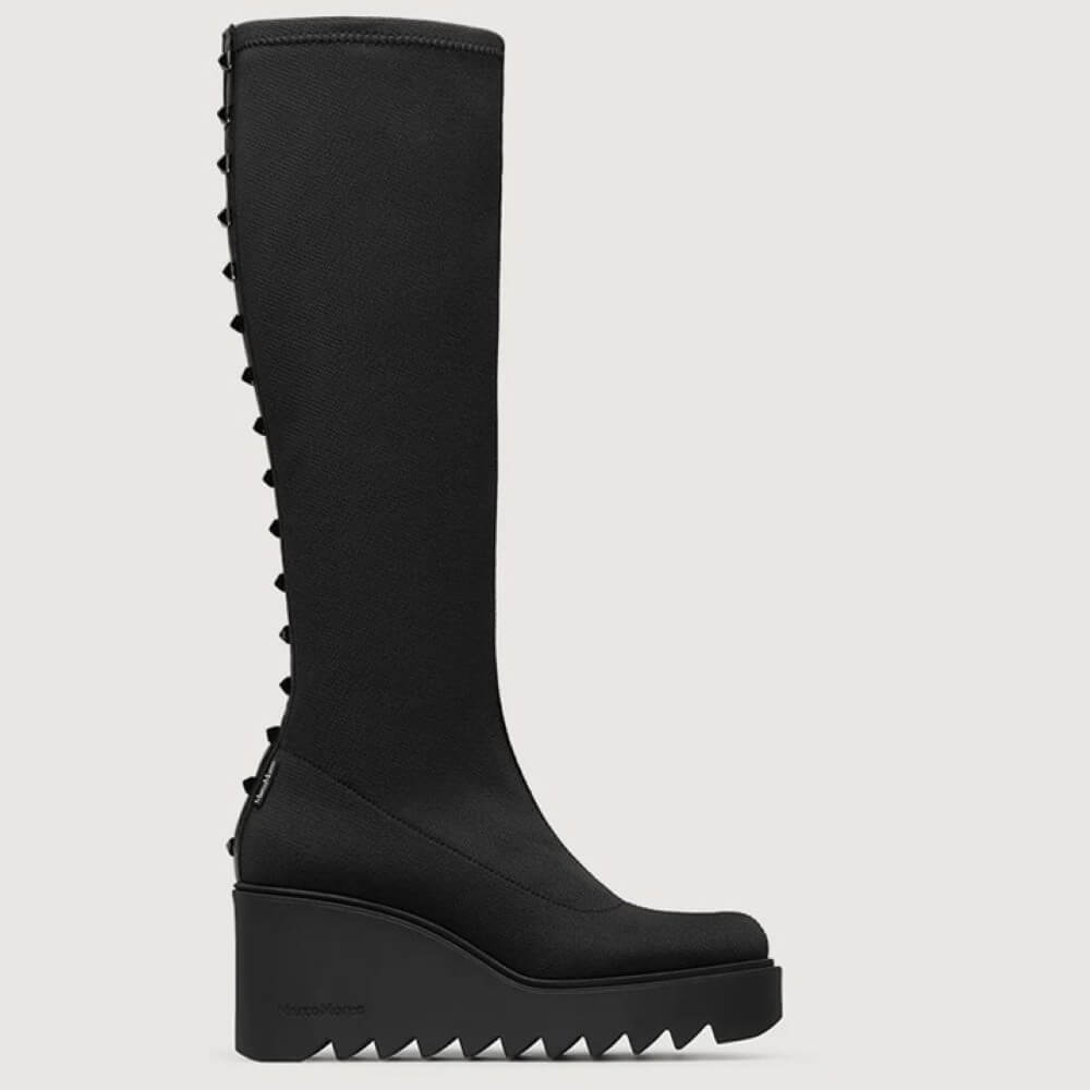 Marco Moreo Liege Petra Black Knee-High Stretch Wedge Boots – Modern Platform Boots with Stud Details