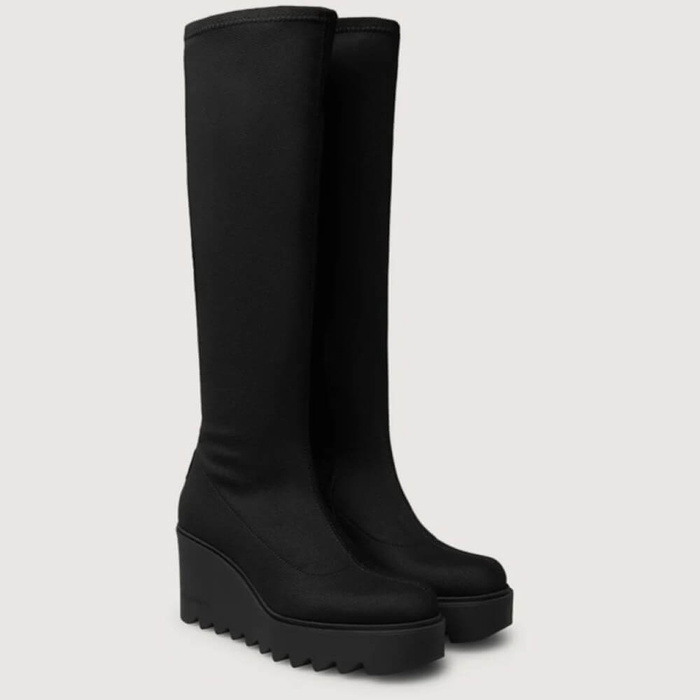 Marco Moreo Liege Petra Black Knee-High Stretch Wedge Boots – Modern Platform Boots with Stud Details